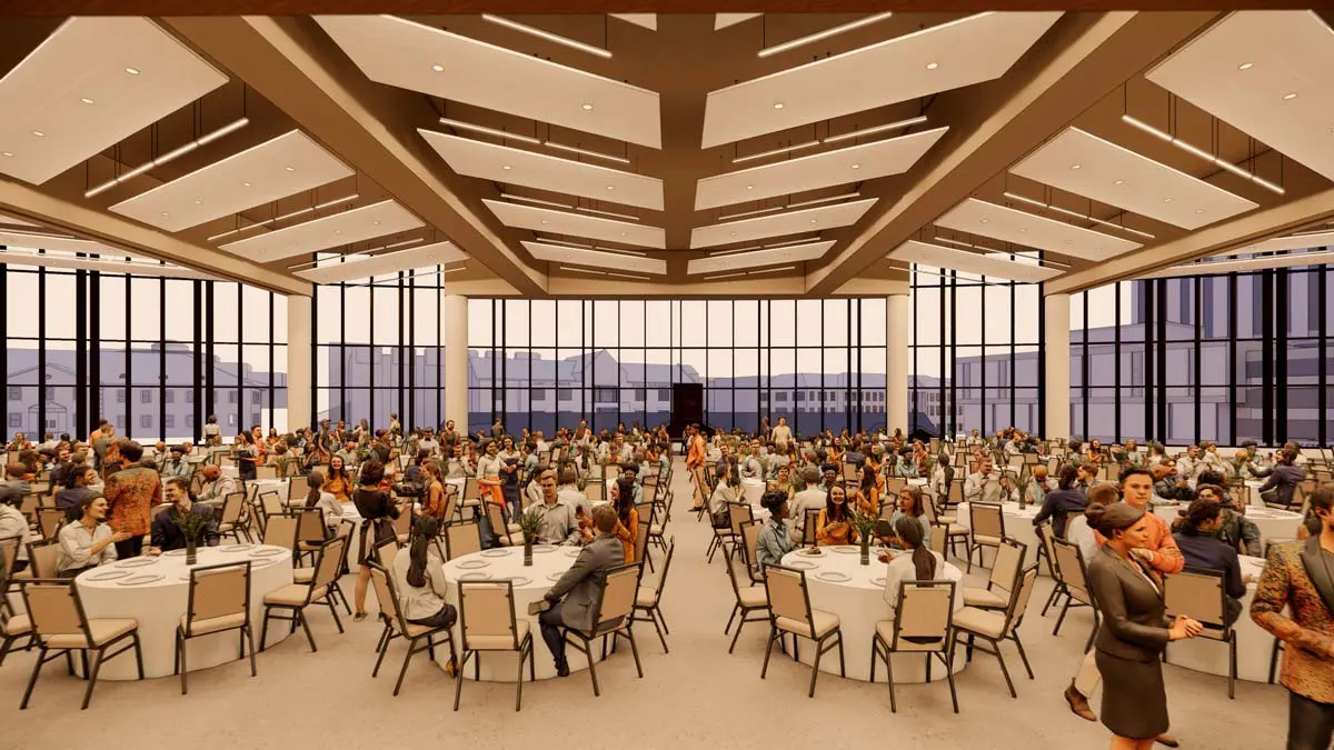 Rendering of the Multipurpose Hall set for a large banquet with round tables, geometric wood ceiling, and panoramic windows