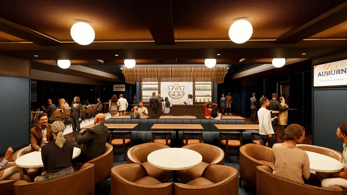 Rendering of the 1892 Legacy Room lounge with Auburn branded bar, globe lights, and leather booth seating