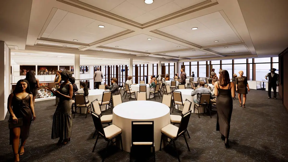 Rendering of the Ballroom set for a reception with round tables, guests mingling, and floor-to-ceiling windows