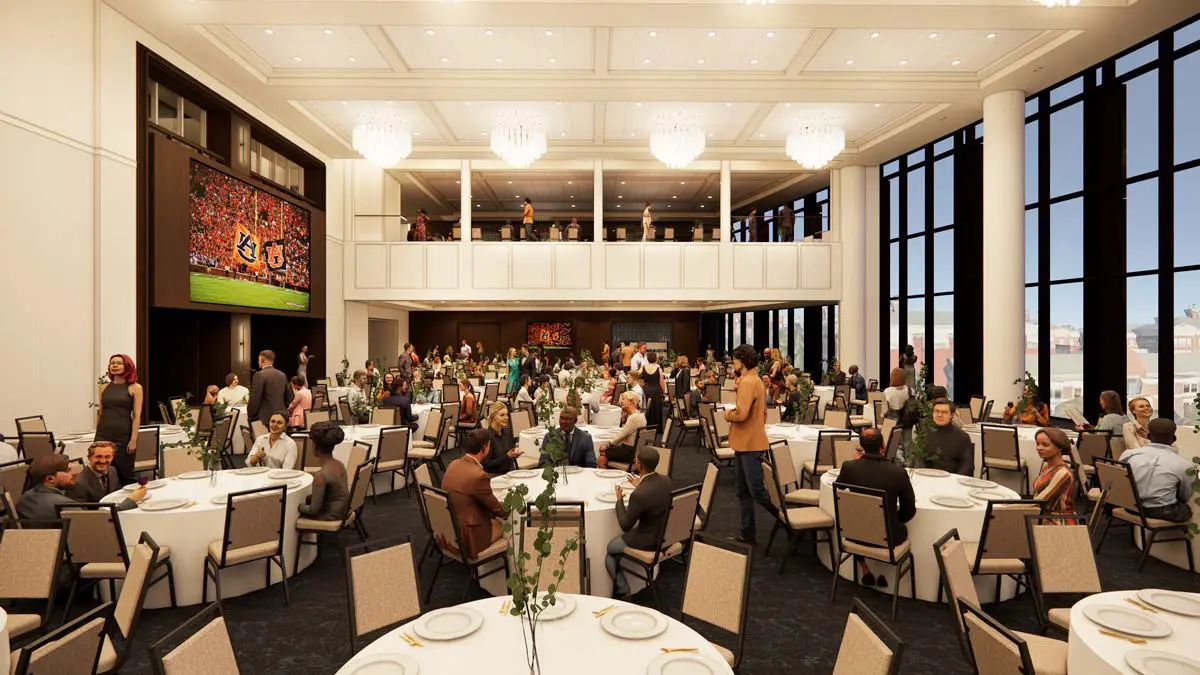 Rendering of the Ballroom during a large-scale gala with chandelier lighting, balcony, and floor-to-ceiling windows