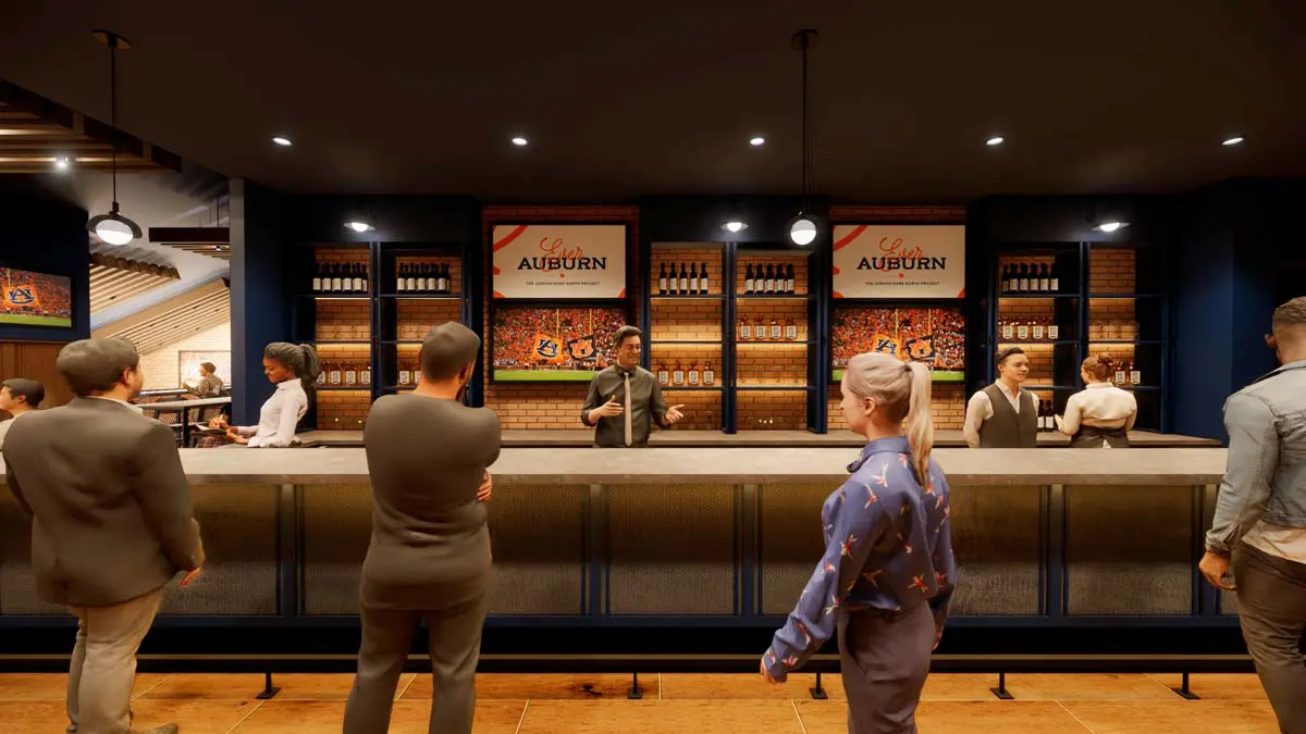 Rendering of the Kick Six Room bar with brick accents, Ever Auburn signage, and bartenders serving guests