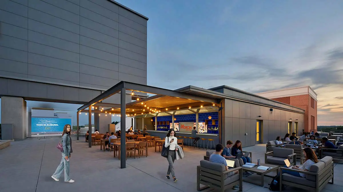 Rendering of Tiger's Terrace 365 at sunset with The Perch bar, string lights, and students with laptops