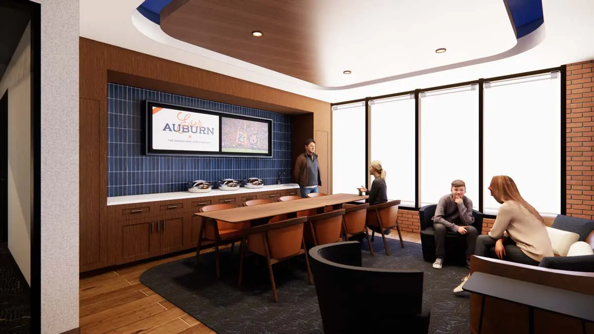 Rendering of a Campus View Meeting Room with dining table, lounge seating, catering station, and blue tile accent wall