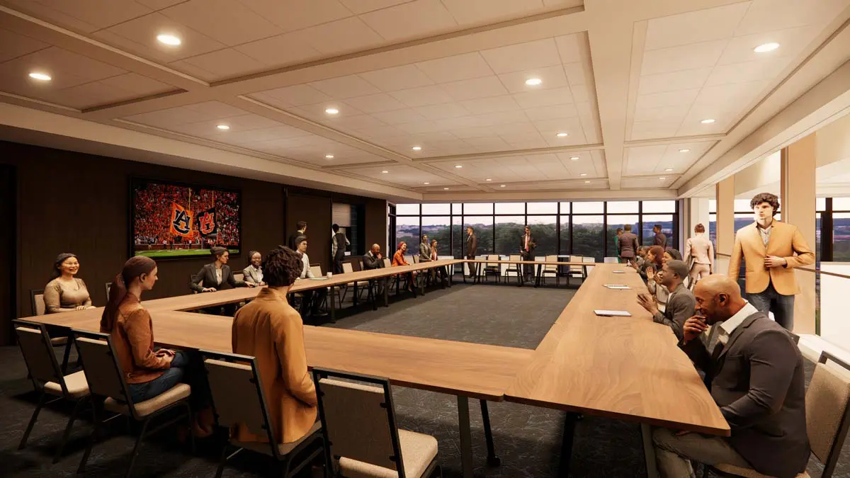 Rendering of a Heisman Meeting Room in U-shaped conference layout with large screen and campus views