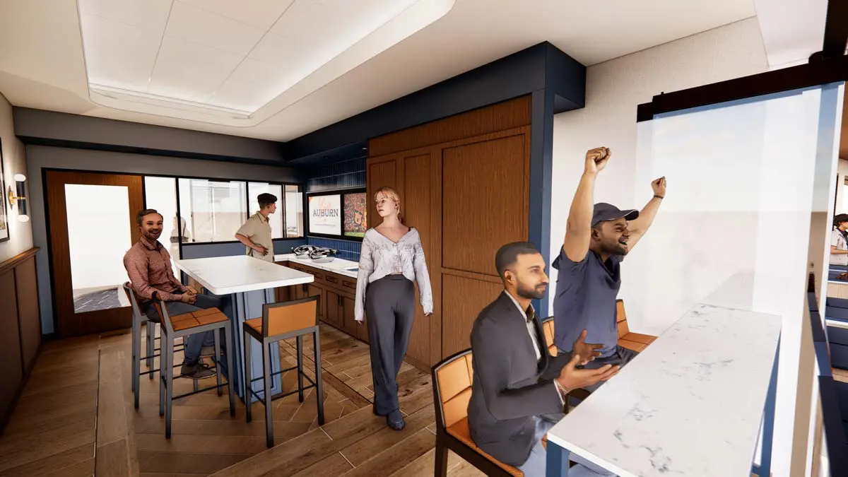 Rendering of a Stadium-View Meeting Room with high-top seating, catering counter, and outdoor balcony access