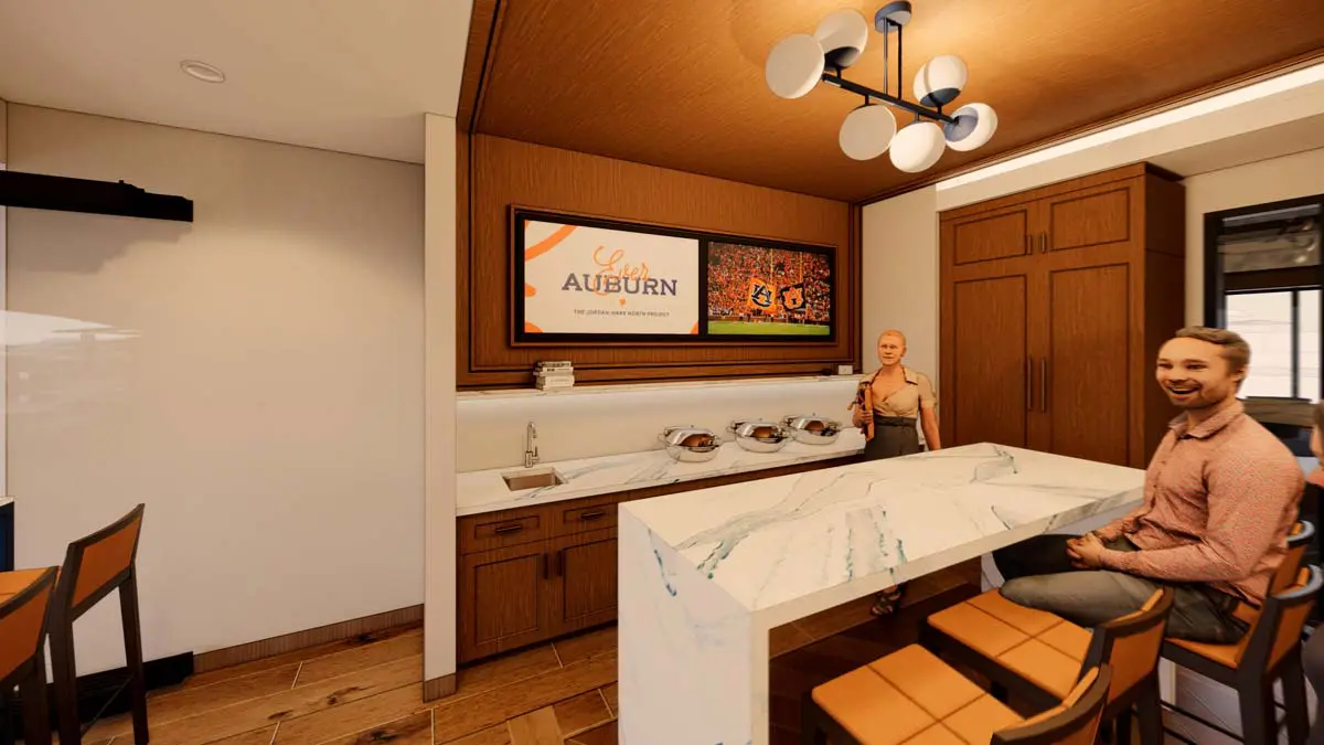 Rendering of a Stadium-View Meeting Room catering counter with marble top, screens, and globe chandelier