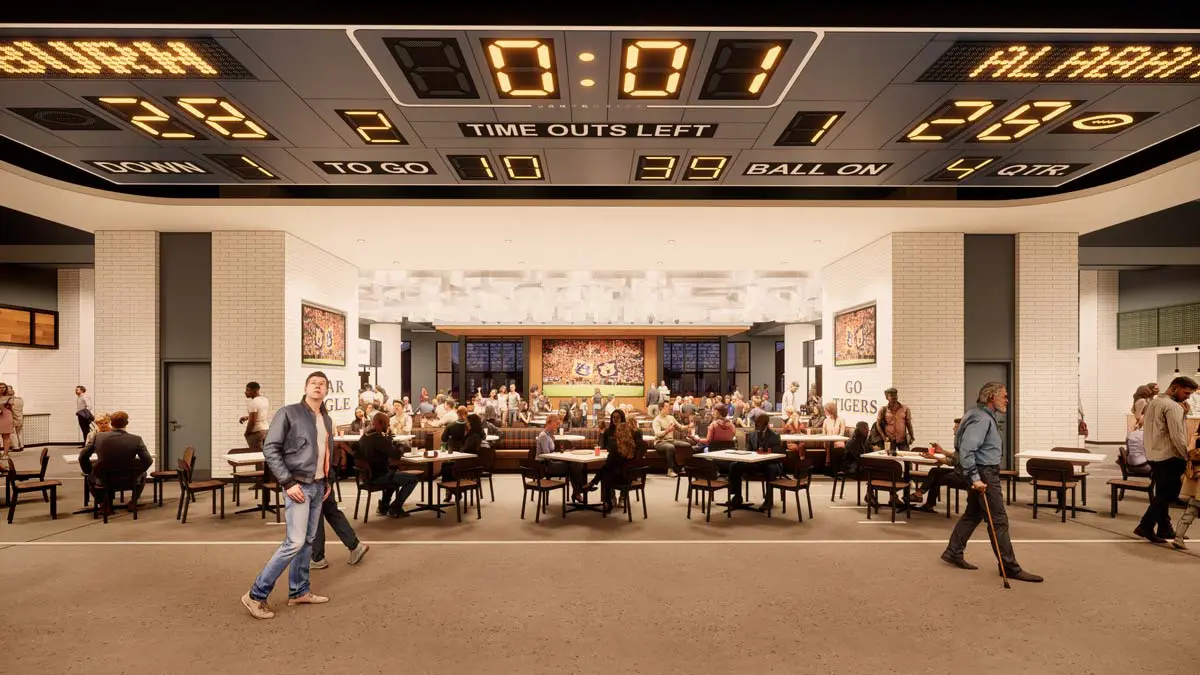 Rendering of Shug's Food Hall 365 dining area with communal tables and vintage scoreboard