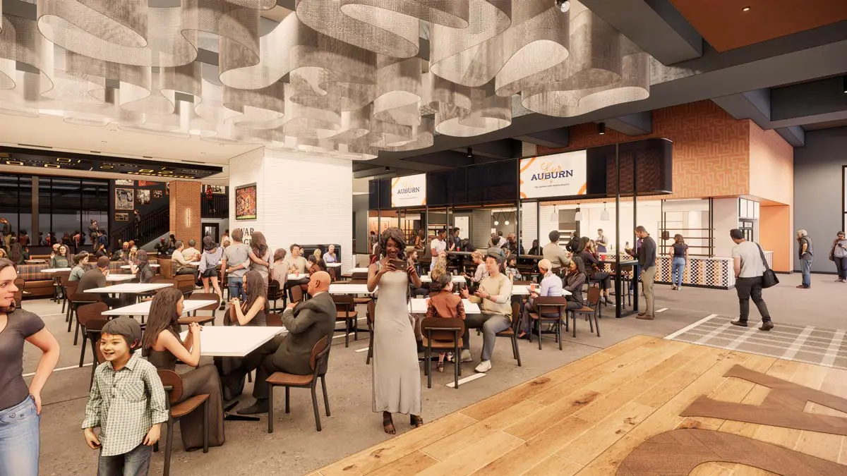 Rendering of Shug's Food Hall 365 booth seating with globe pendant lights and Auburn bar