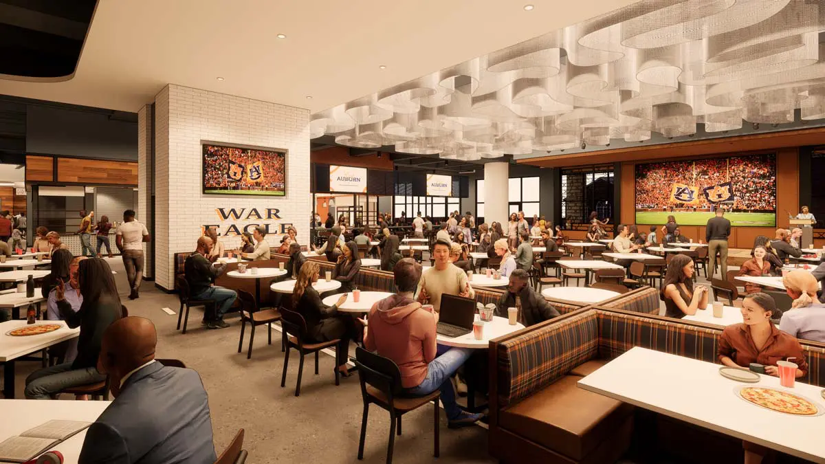 Rendering of Shug's Food Hall 365 expanded view with booth seating, bar, and staircase