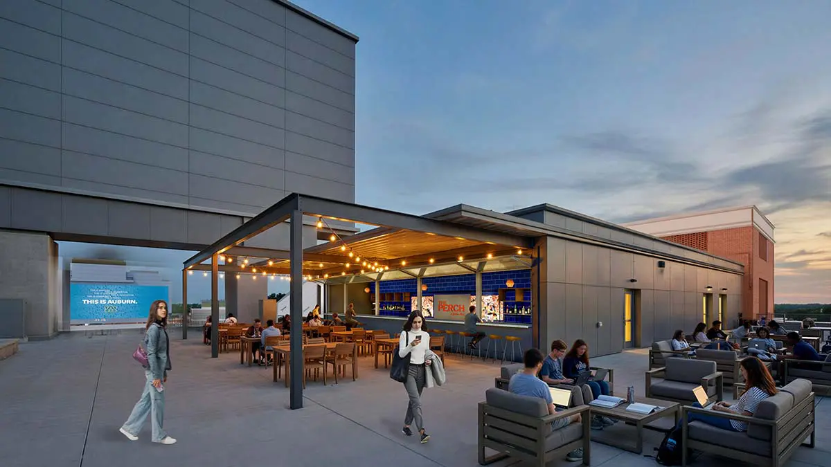 Rendering of study space lounge area with booth seating and individual workstations