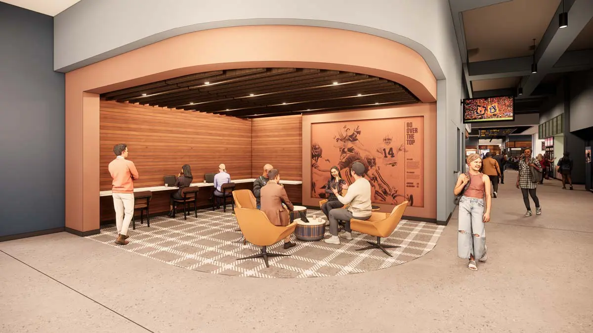 Rendering of study space open area with soft seating and natural light
