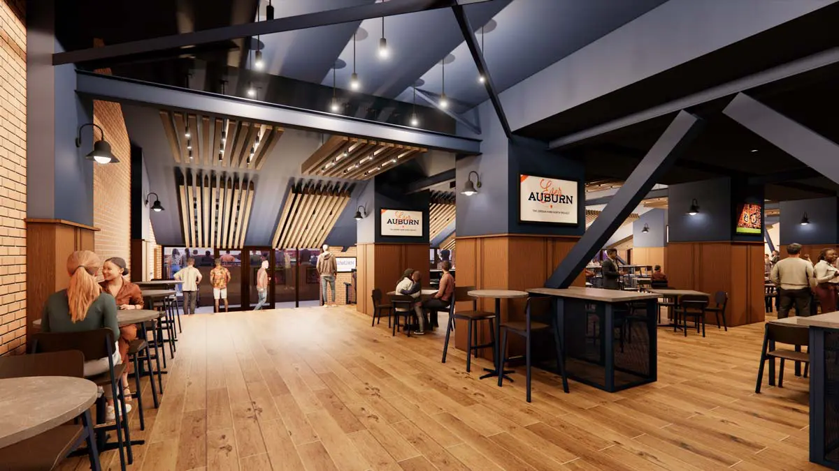 Rendering of the Kick Six Club with industrial-style high-top seating and views of the field