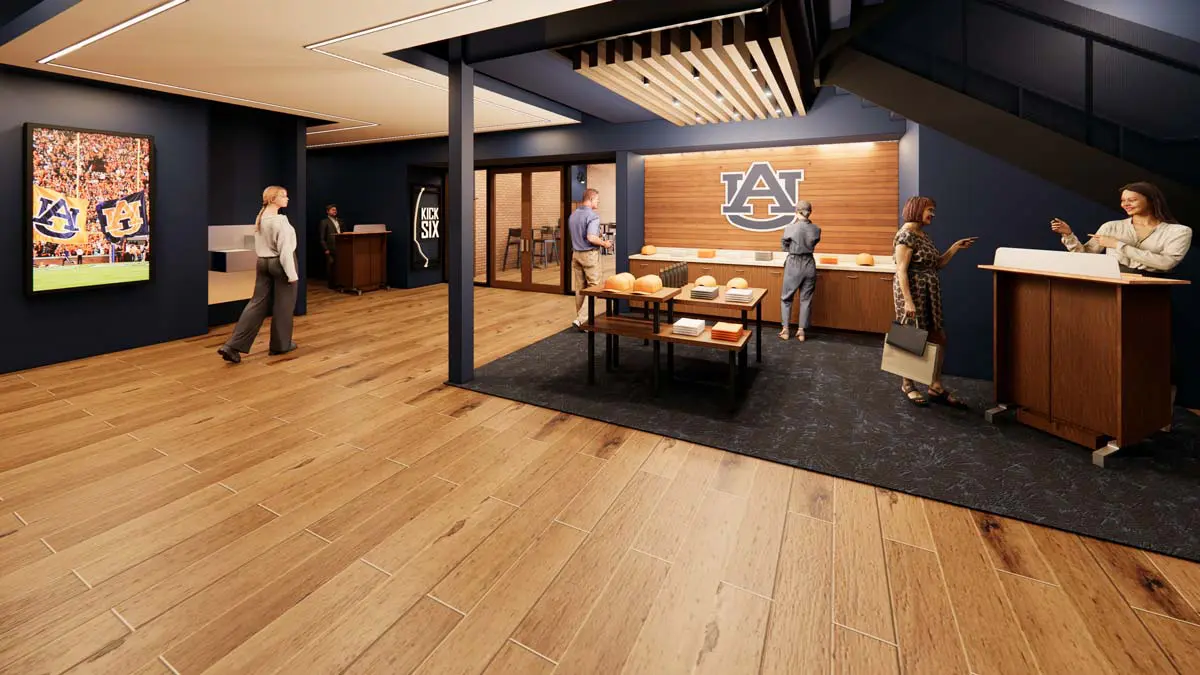 Rendering of the Kick Six Club bar area with exposed steel beams and pendant lighting