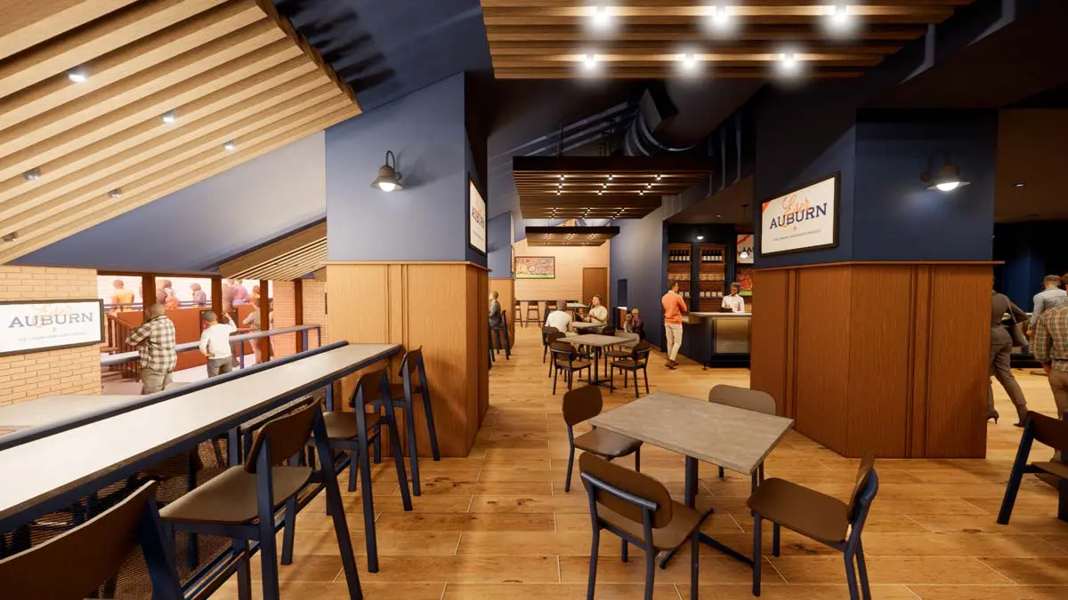 Rendering of the Kick Six Club open gathering space with high ceilings