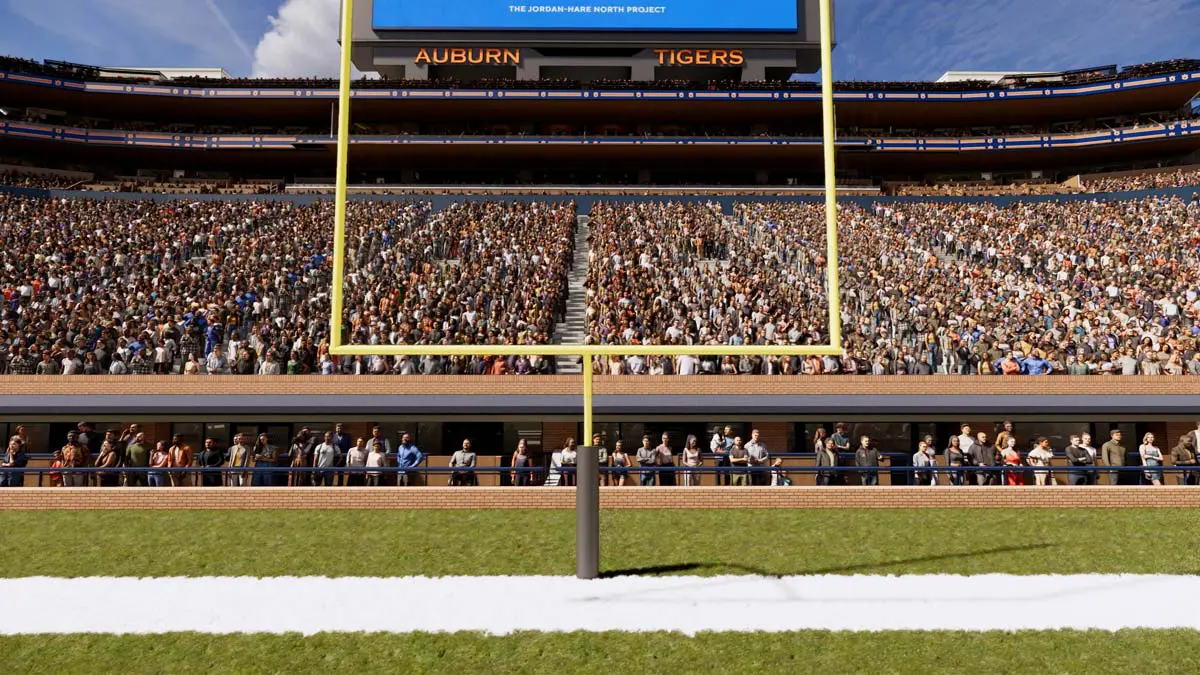 Rendering of the Kick Six Club communal seating area with large video screens
