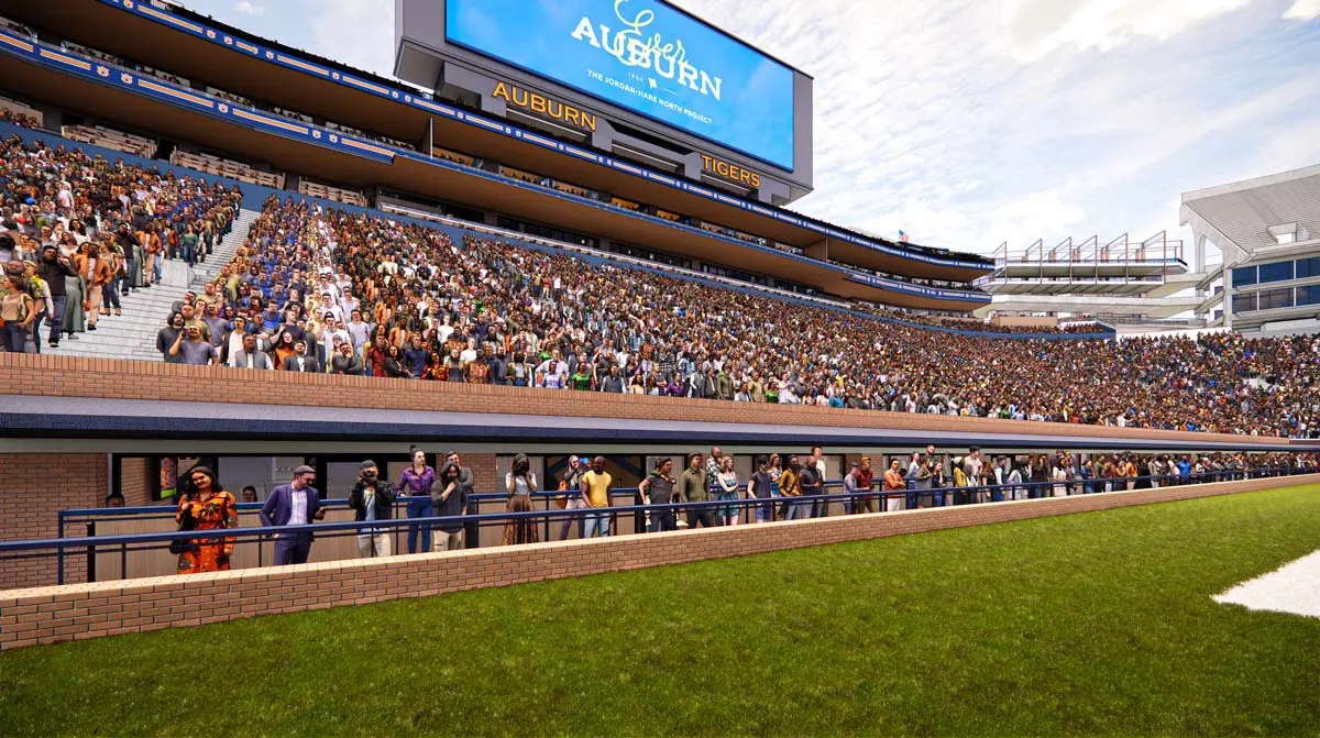 Rendering of the Kick Six Club social area with fans mingling at high-top tables