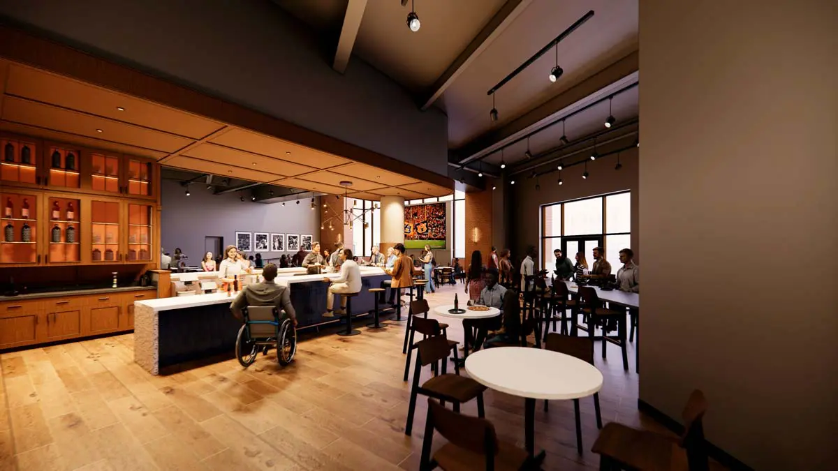 Rendering of Pat's Place bar and dining area with track lighting and TVs