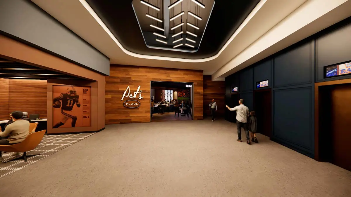 Rendering of Pat's Place entrance lobby with Kick Six mural and wood accent wall