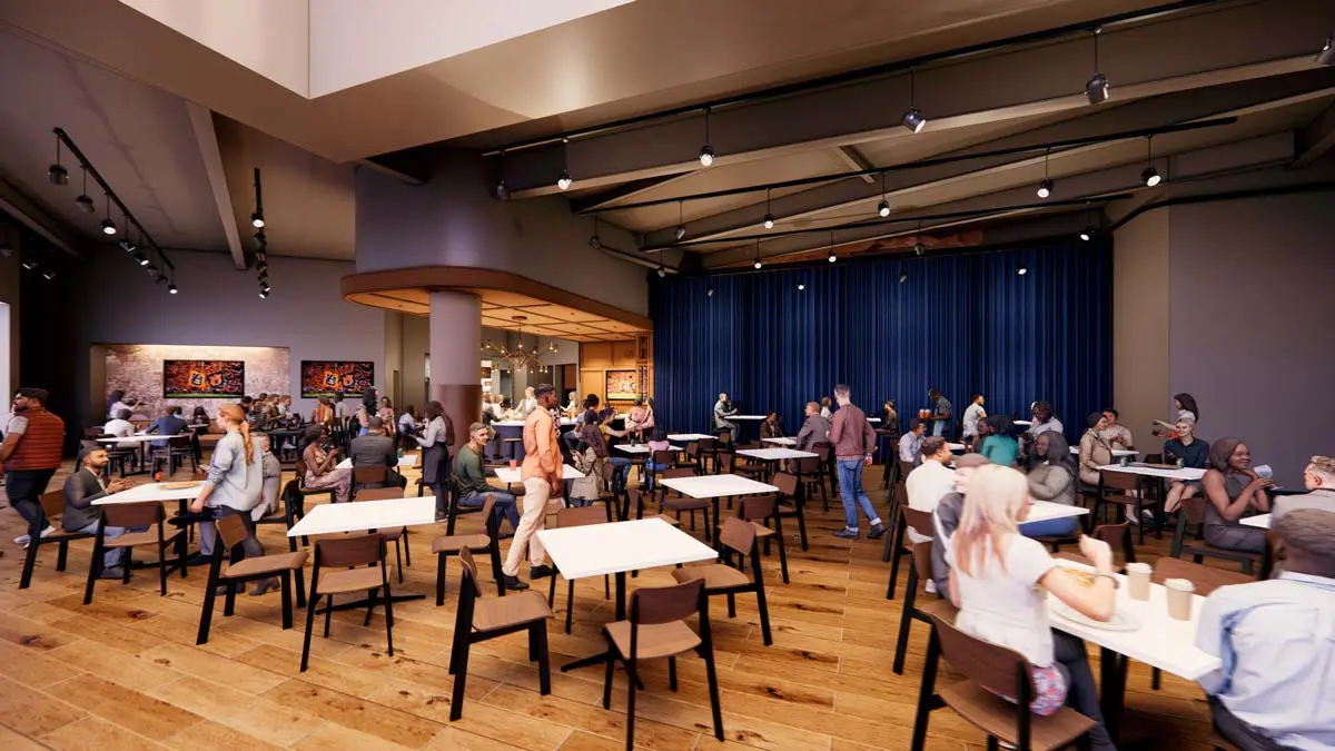 Rendering of Pat's Place open dining hall with blue curtain stage and guests mingling