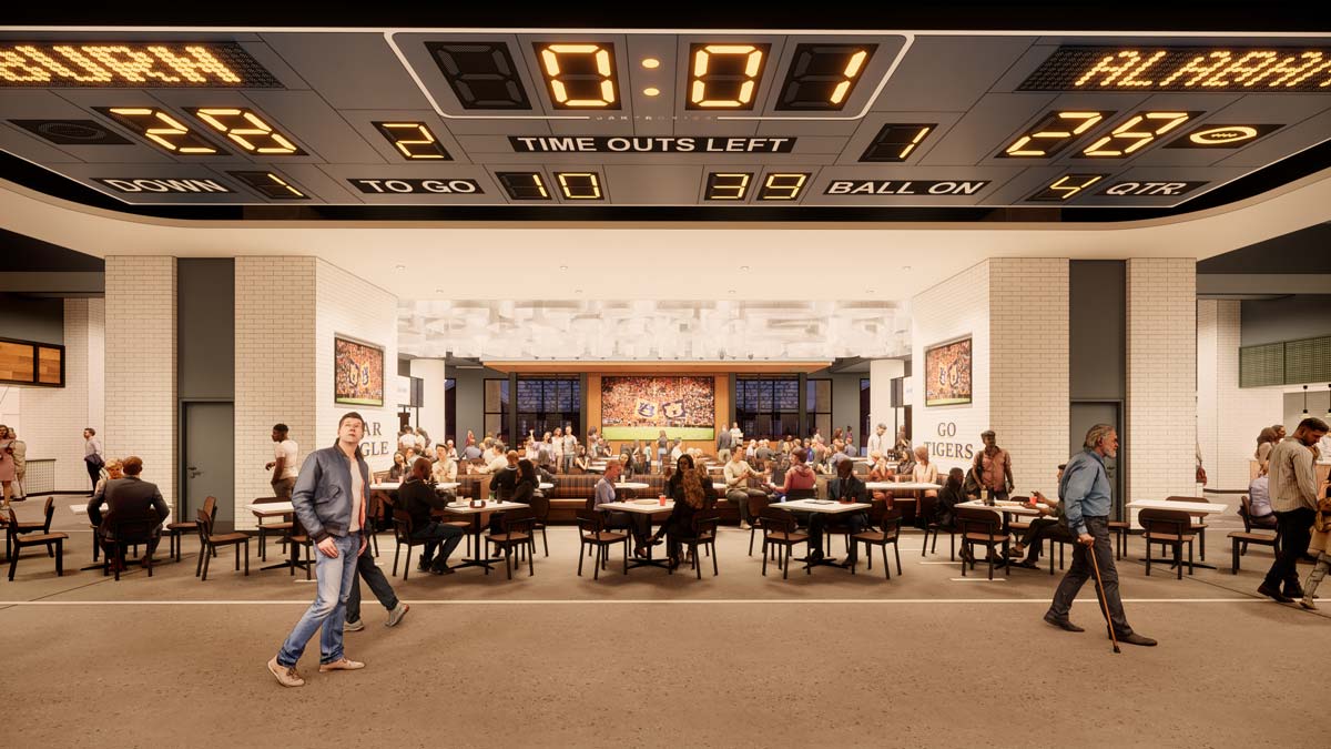 Rendering of Shug's Food Hall with vintage scoreboard, communal tables, and large video screens