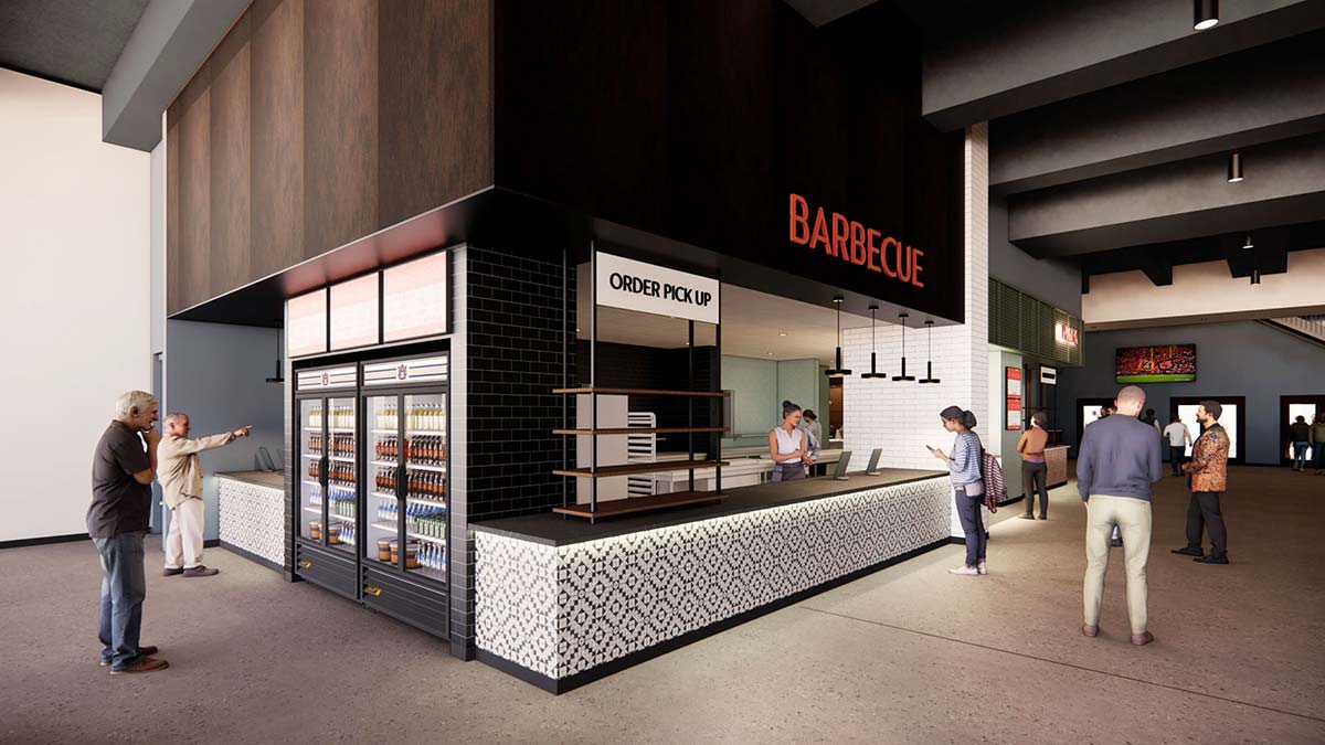 Rendering of Shug's Food Hall barbecue order pickup stall with refrigerated beverage display