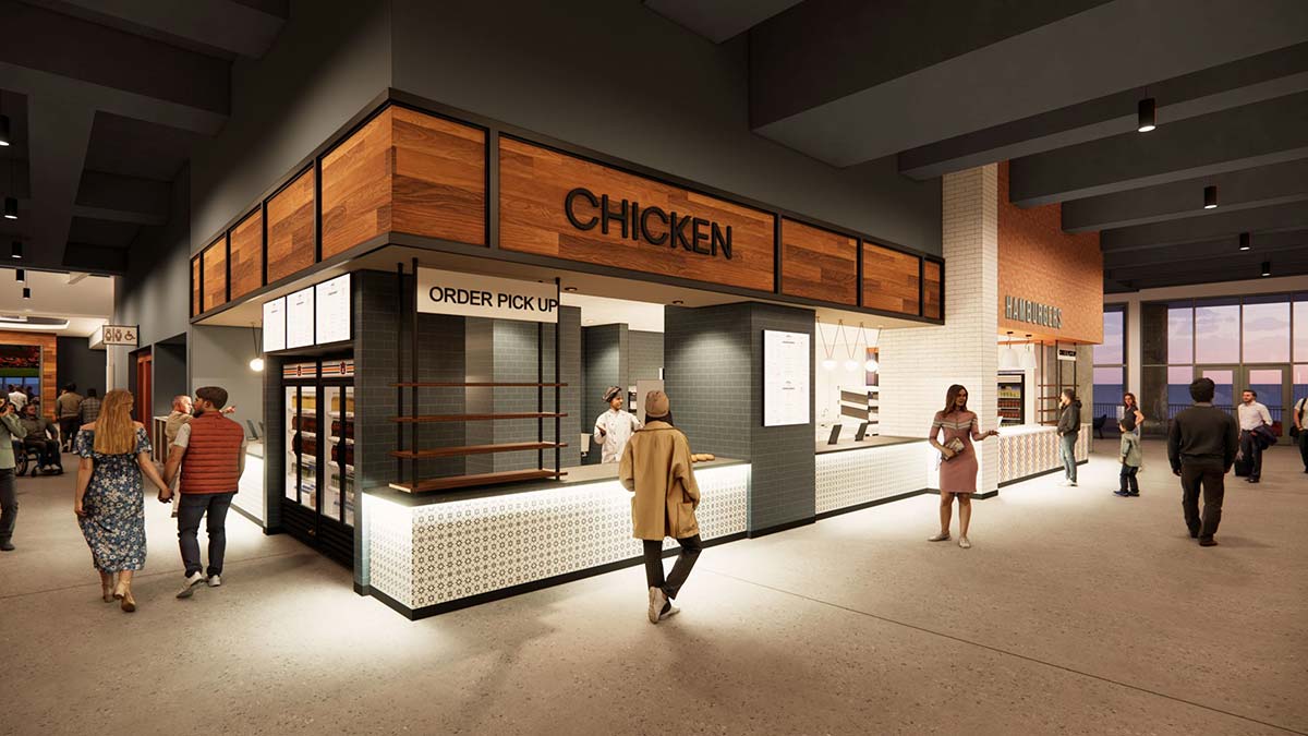 Rendering of Shug's Food Hall chicken and hamburger order pickup stalls along the concourse