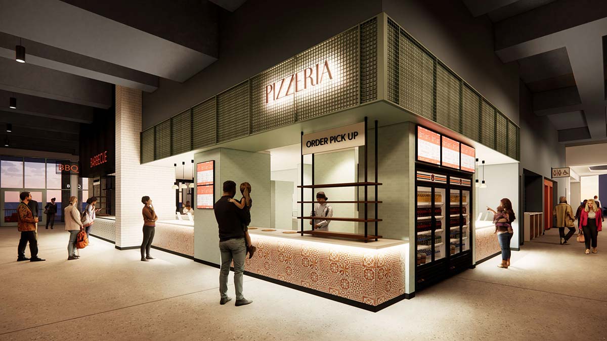 Rendering of Shug's Food Hall pizzeria order pickup stall with illuminated counter display