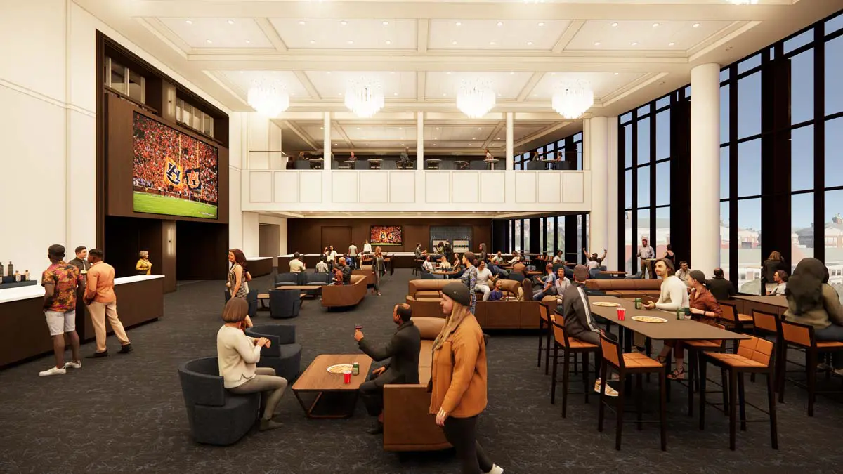 Rendering of the 1892 Club two-story lounge with large screen, chandelier lighting, and floor-to-ceiling windows