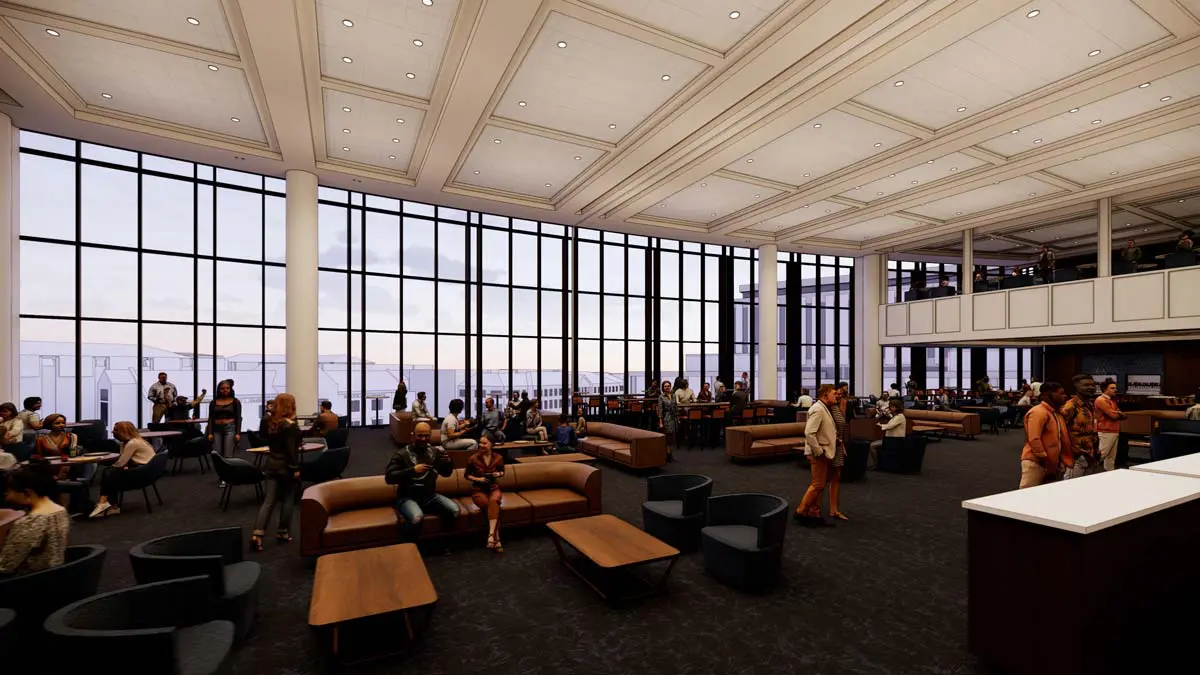 Rendering of the 1892 Club lounge seating area with sunset views through floor-to-ceiling windows
