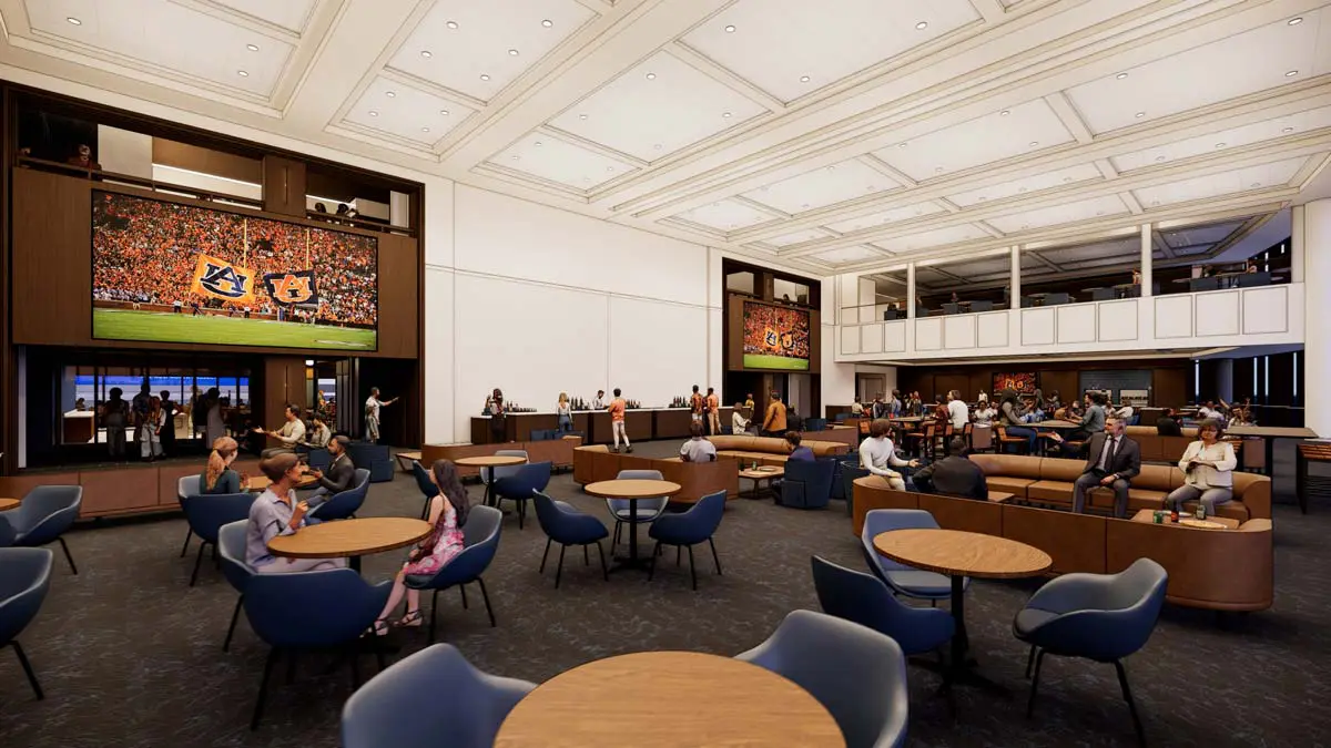 Rendering of the 1892 Club loge-box seating tiers with Auburn branding and field views