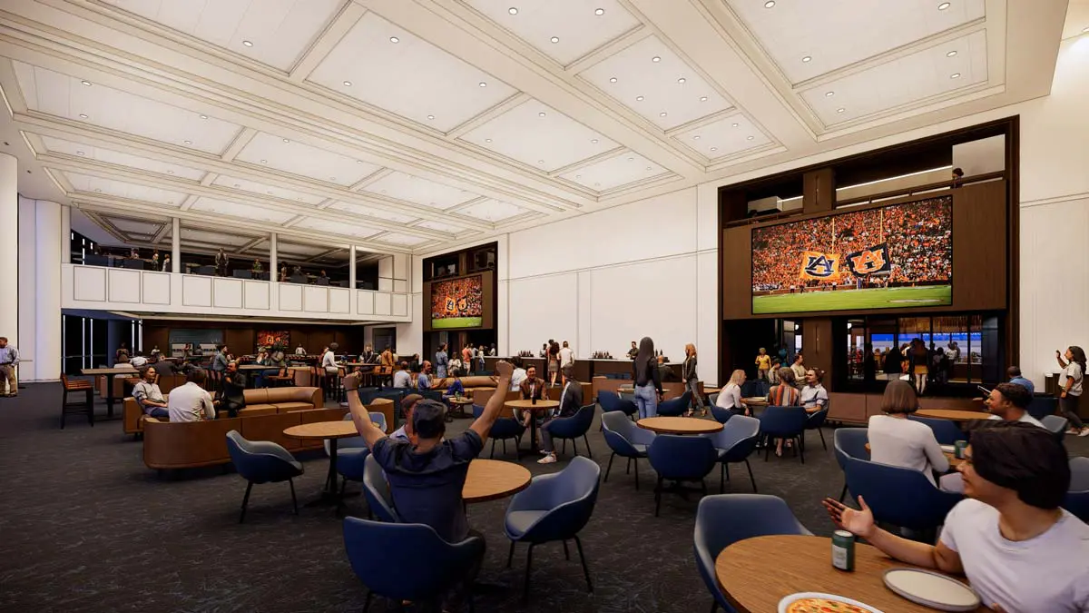 Rendering of the 1892 Club bar and dining area with globe pendant lights and booth seating