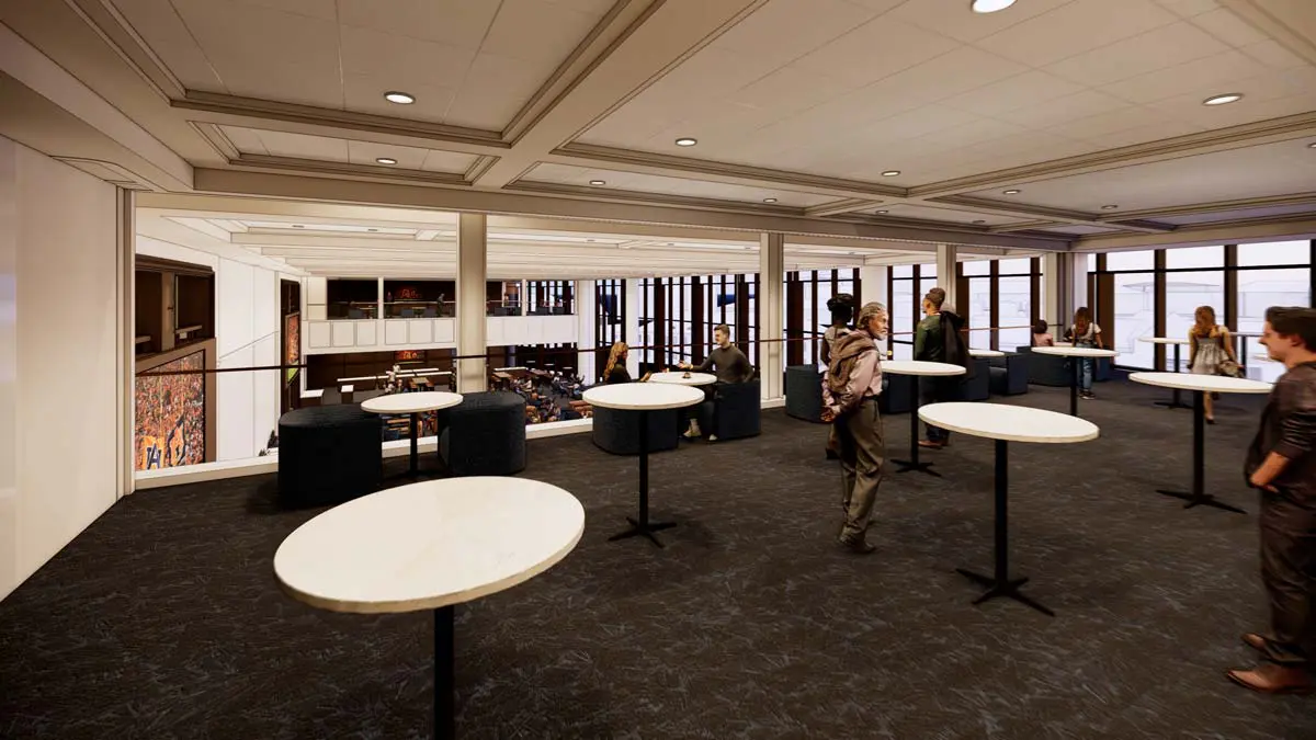 Rendering of the 1892 Club expanded lounge with bar, globe lights, and staircase to upper level