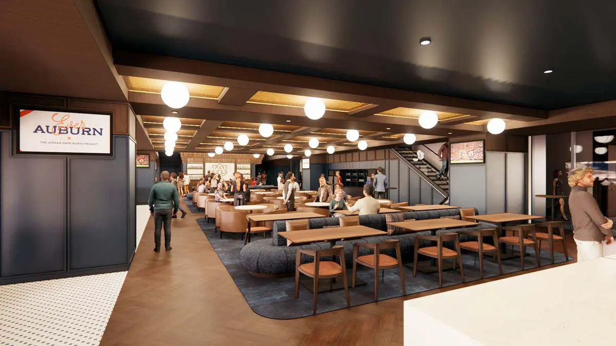 Rendering of the 1892 Legacy Club lounge with curved bar, booth seating, and warm pendant lighting