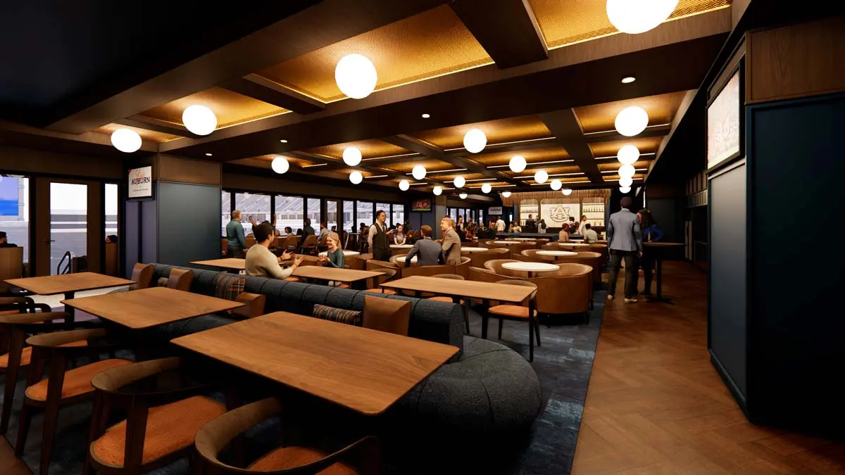 Rendering of the 1892 Legacy Club dining area with wood tables, globe lights, and Auburn bar
