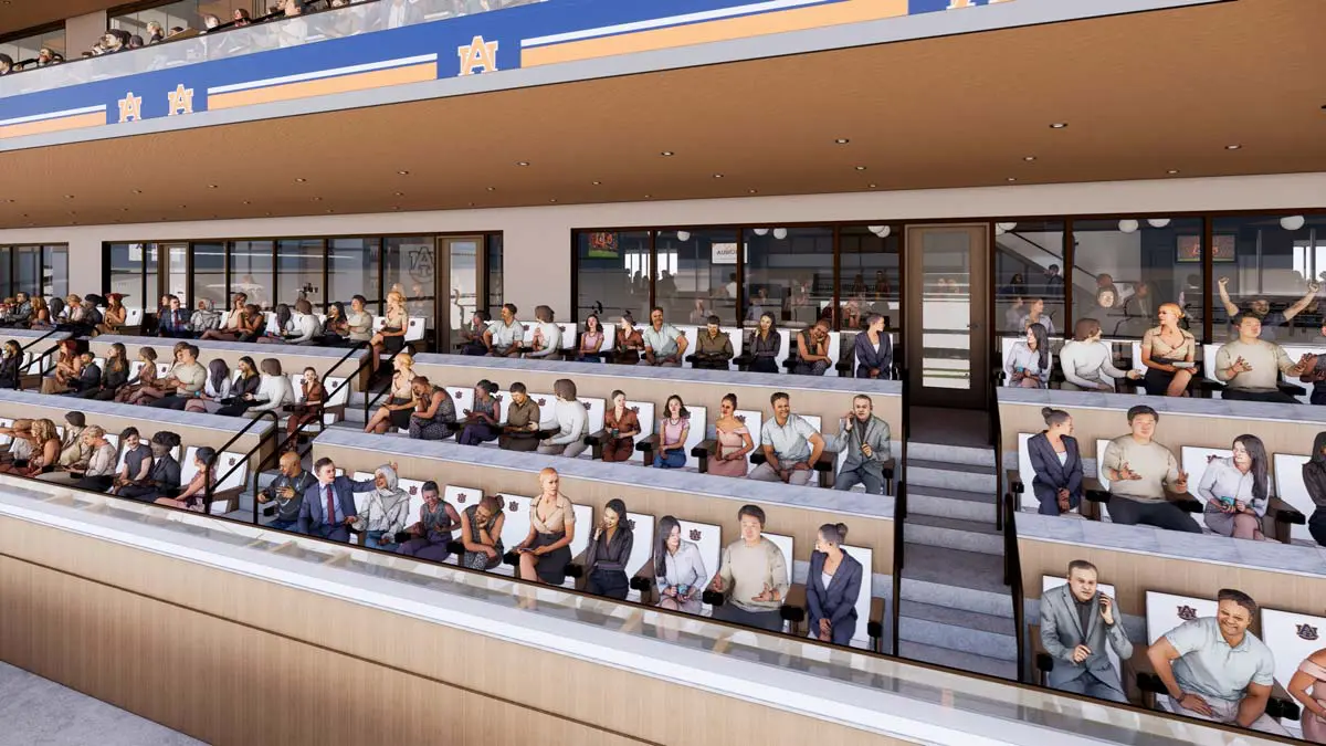 Rendering of the 1892 Legacy Club loge-box seating tiers with Auburn branding