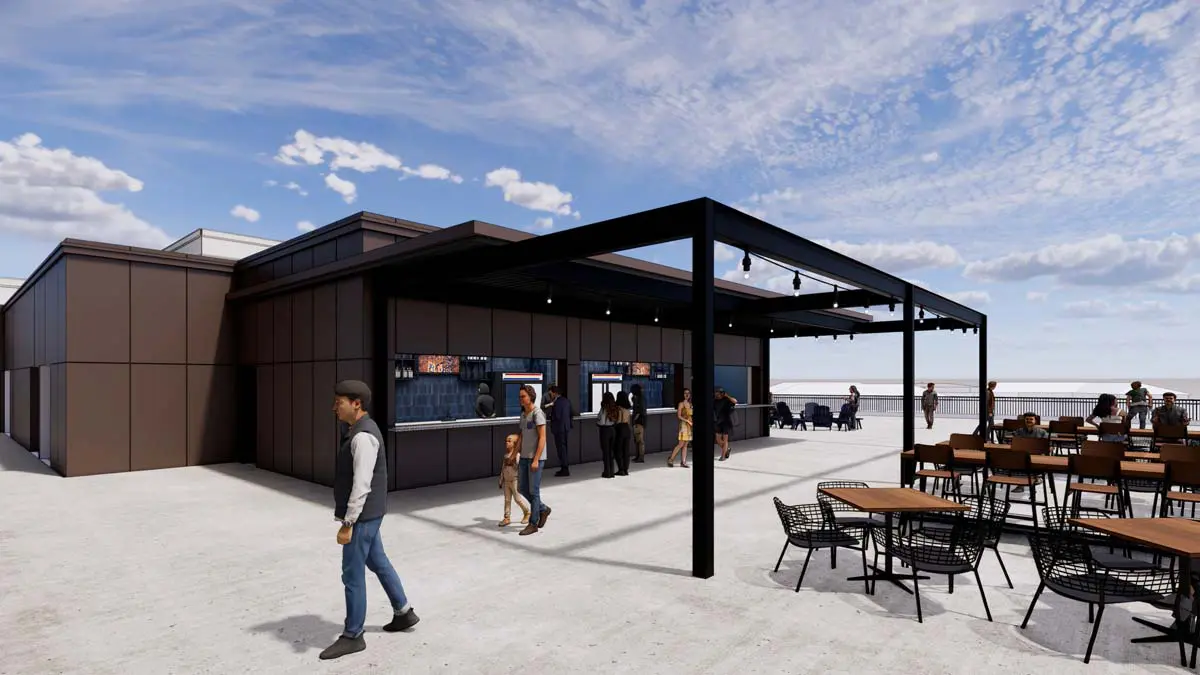 Rendering of Tiger's Terrace rooftop bar with covered pergola and outdoor seating overlooking campus