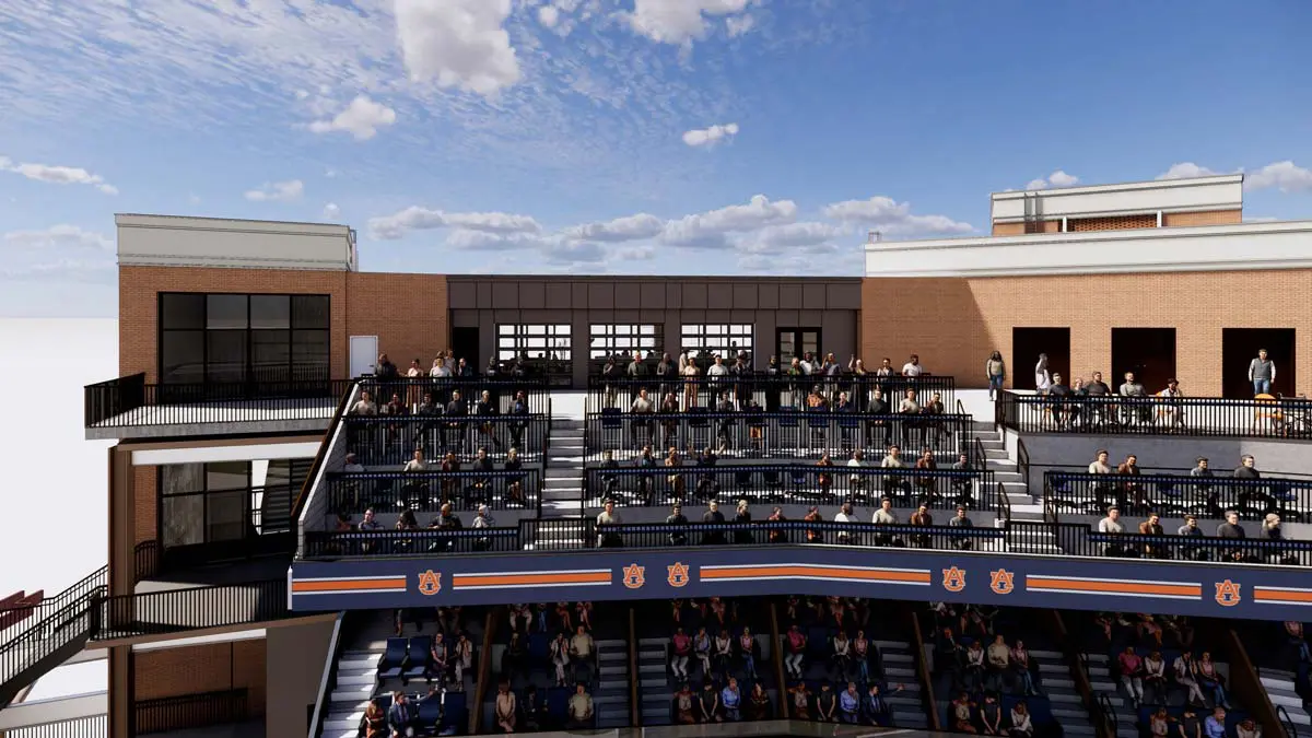 Rendering of Tiger's Terrace exterior terrace with fans in tiered open-air seating and garage-door openings