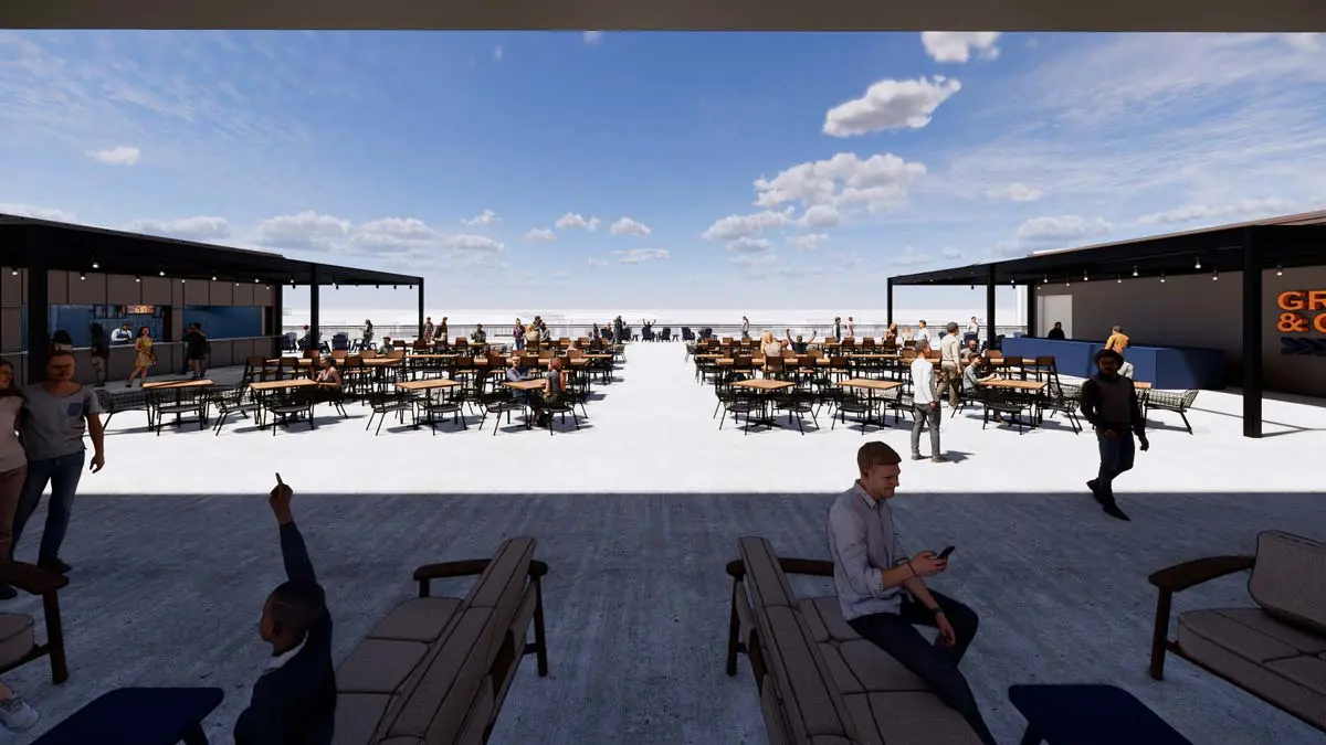 Rendering of Tiger's Terrace rooftop open-air deck with tables, dining areas, and concession stands