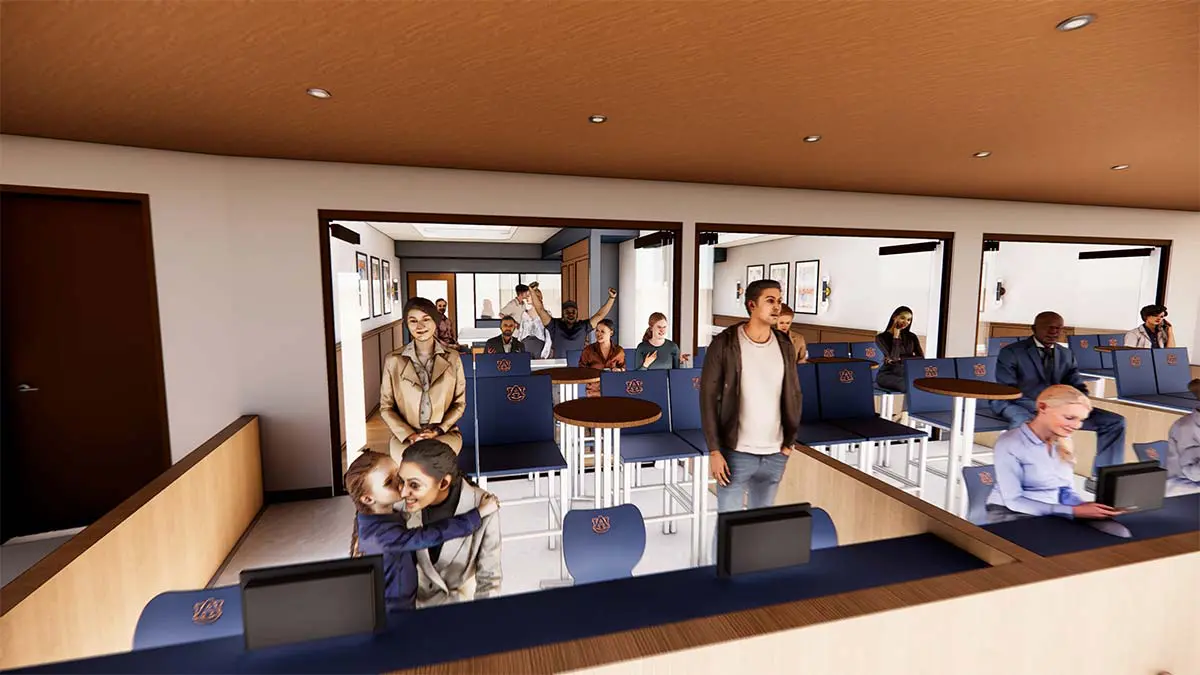 Rendering of 1892 Suites open-air terrace with fans overlooking the Jordan-Hare Stadium field