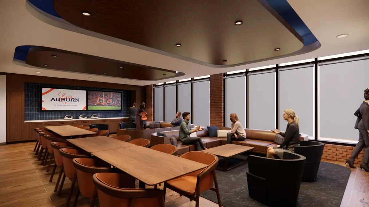 Rendering of a Campus View Suite with conference-style dining, lounge area, and large windows