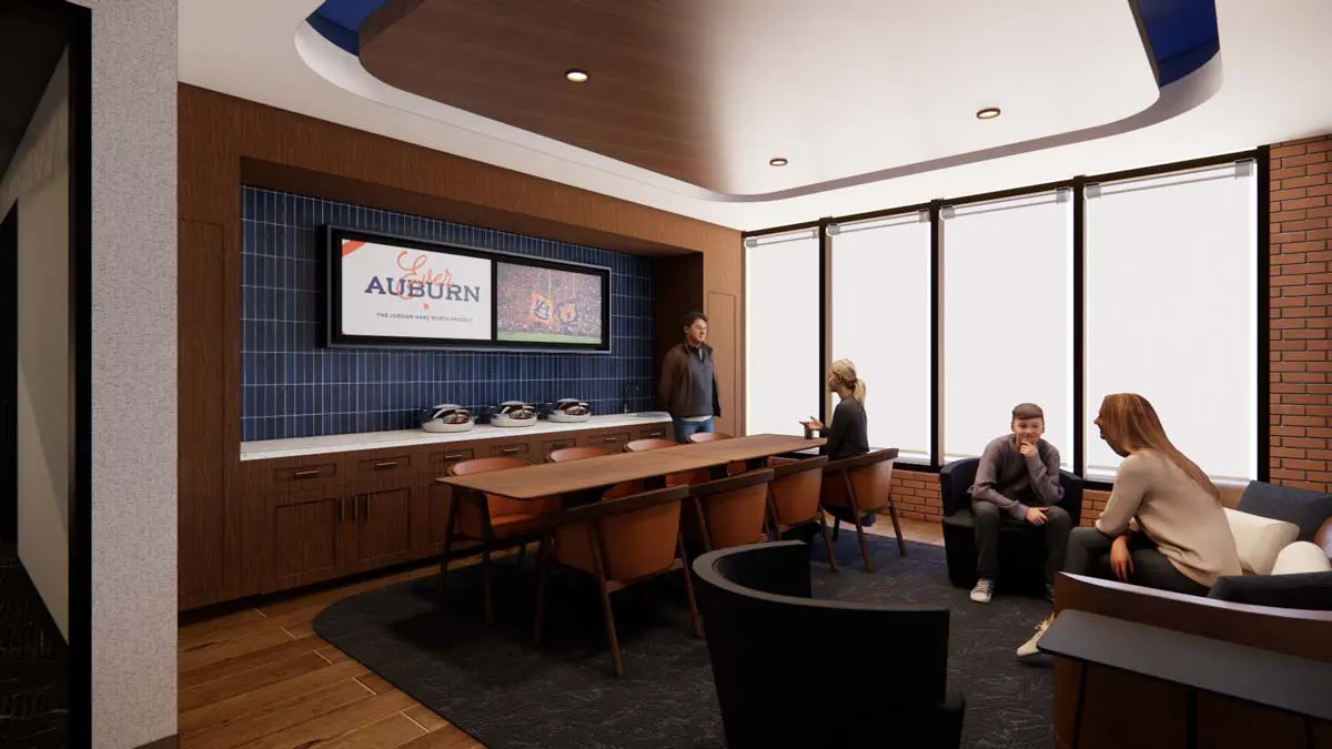 Rendering of a Campus View Suite with dining counter, catering station, and panoramic campus views