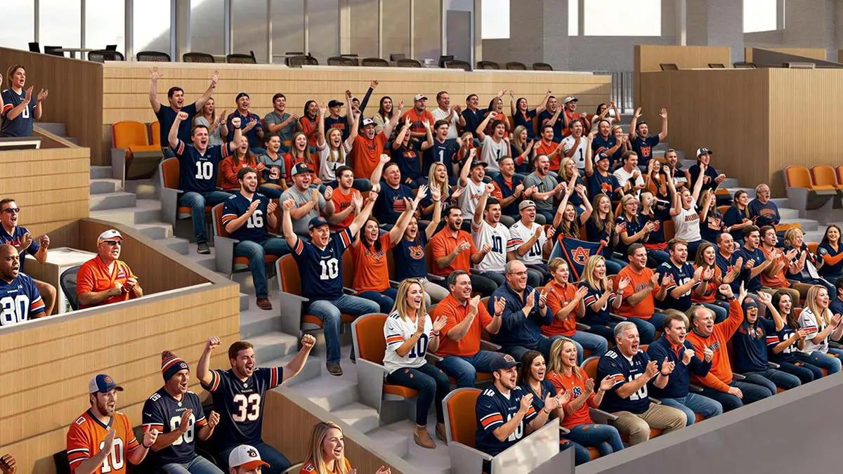 Rendering of a Campus View Suite showing flexible lounge and dining configuration with floor-to-ceiling campus views