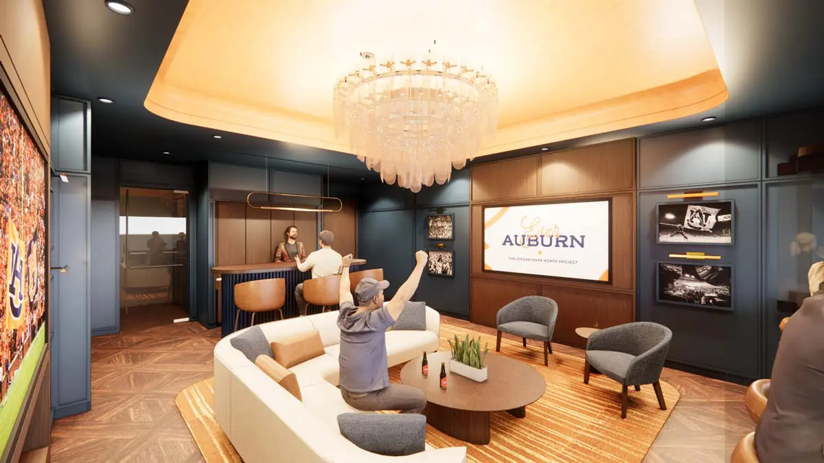 Rendering of the Heisman Founder's Suite with leather seating, a private bar, and chandelier lighting