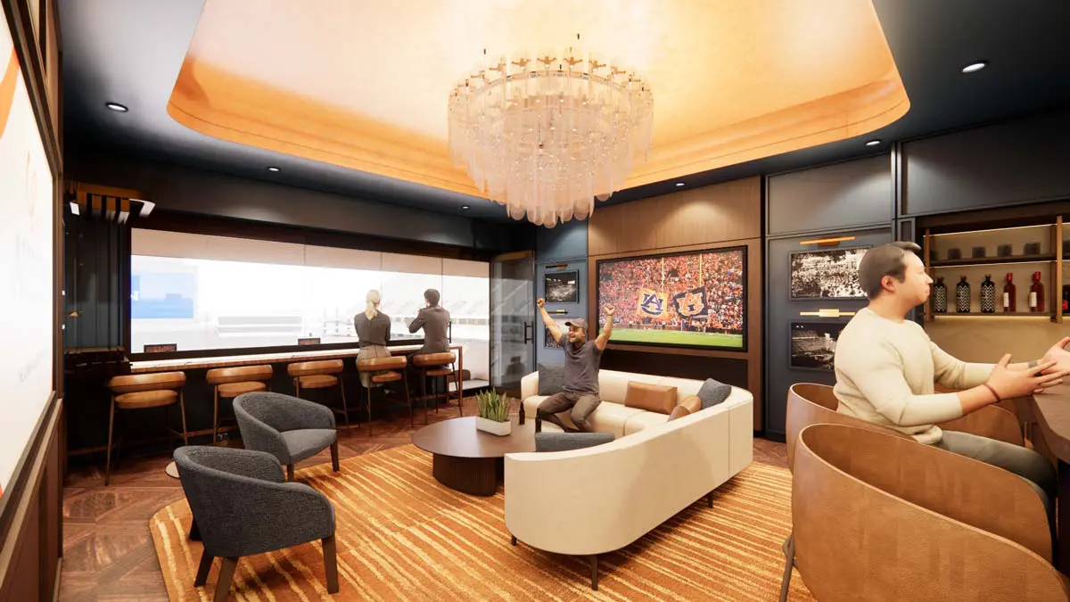 Rendering of the Heisman Founder's Suite lounge with sofa seating, chandelier, and views of the stadium