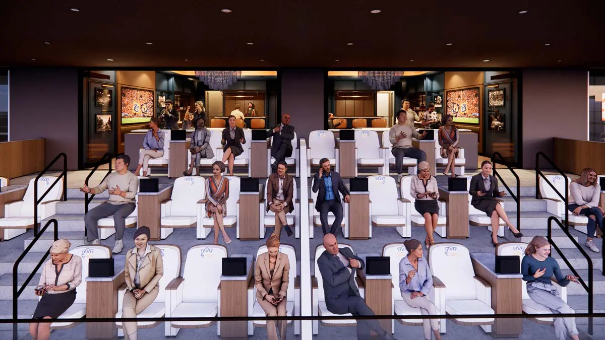Rendering of Heisman Founder's Suite premium exterior seating rows with plush chairbacks and field views