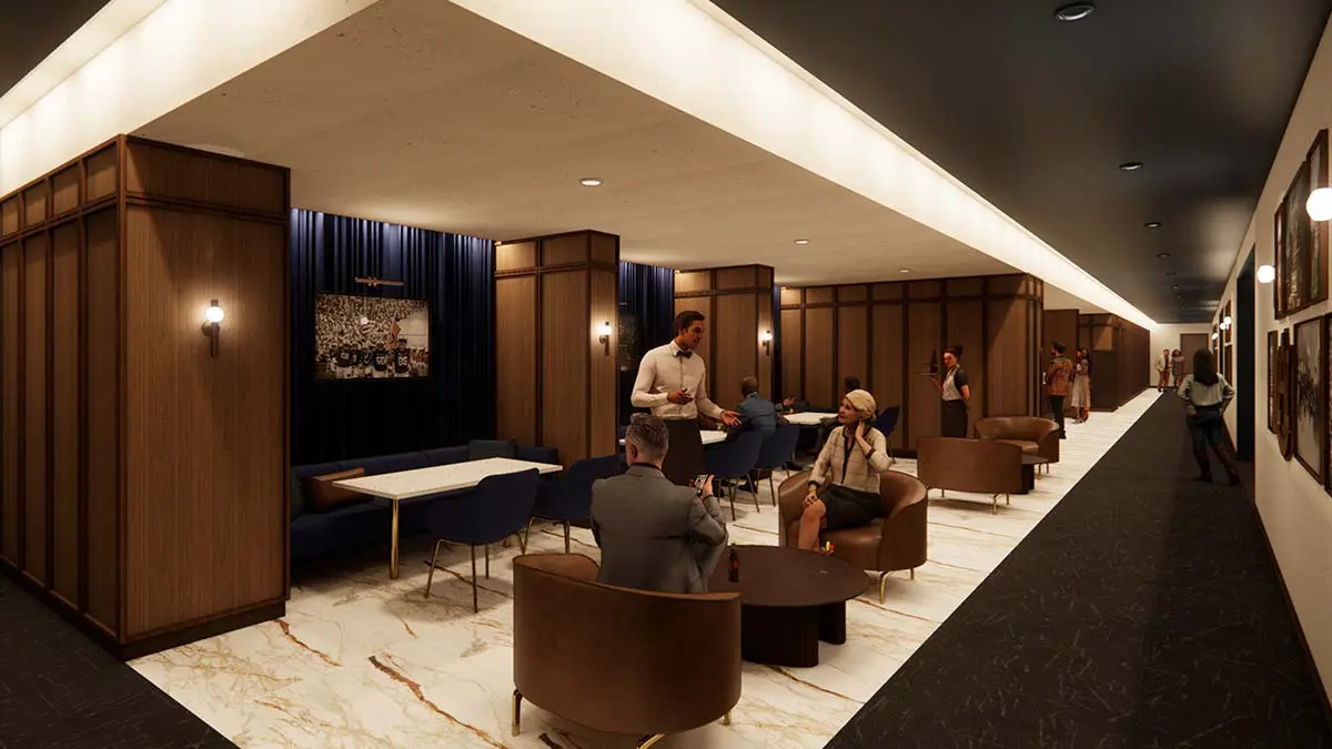 Rendering of the Heisman Founder's Club corridor with wood-paneled private hospitality areas and gallery-style seating