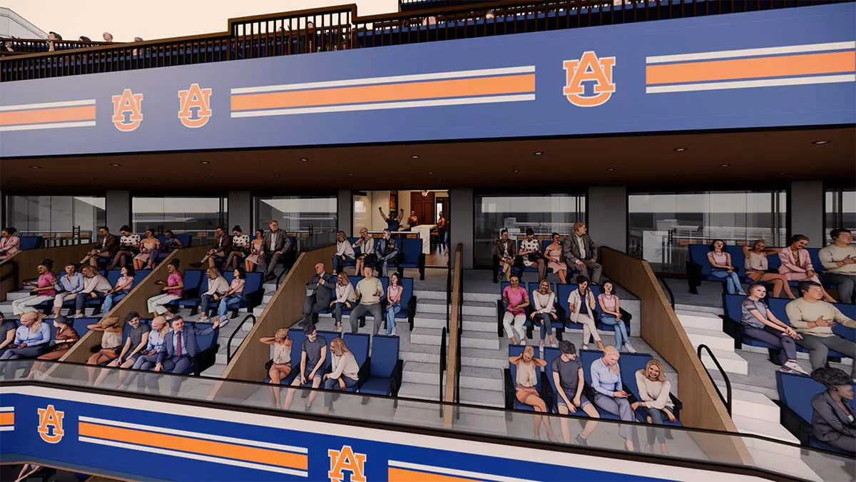 Rendering of a Heisman Suite interior with lounge seating area and catered service counter