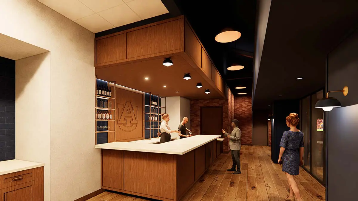 Rendering of Kick Six Field Suites exterior showing the stadium concourse level with fans enjoying field-side access