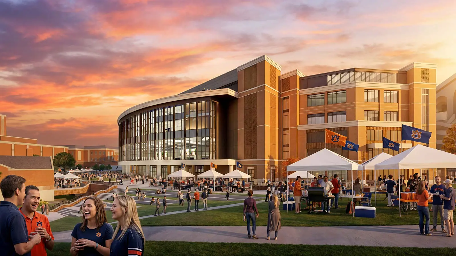 Rendering of the north plaza at night with fans gathering outside the stadium's curved glass facade